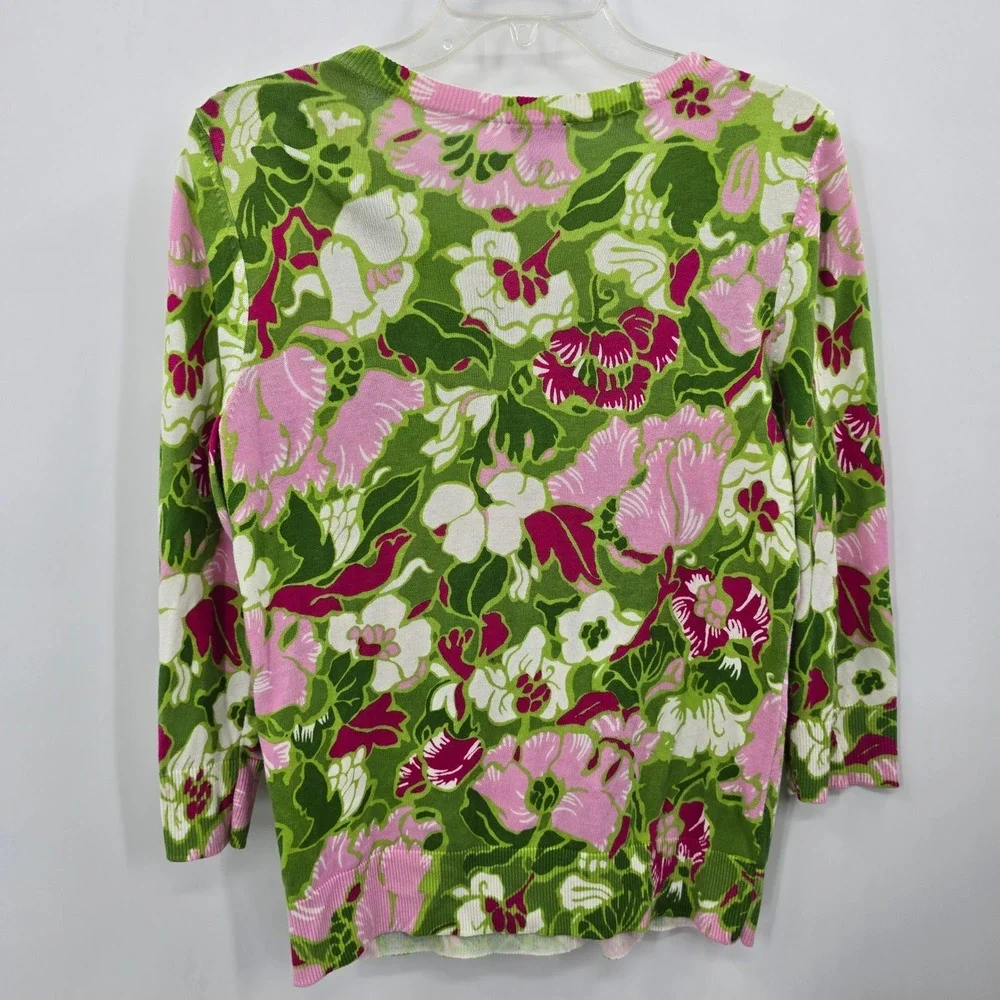 Talbots Cardigan Womens M Green Pink Floral Cotton Blend V-Neck 3/4 Sleeve